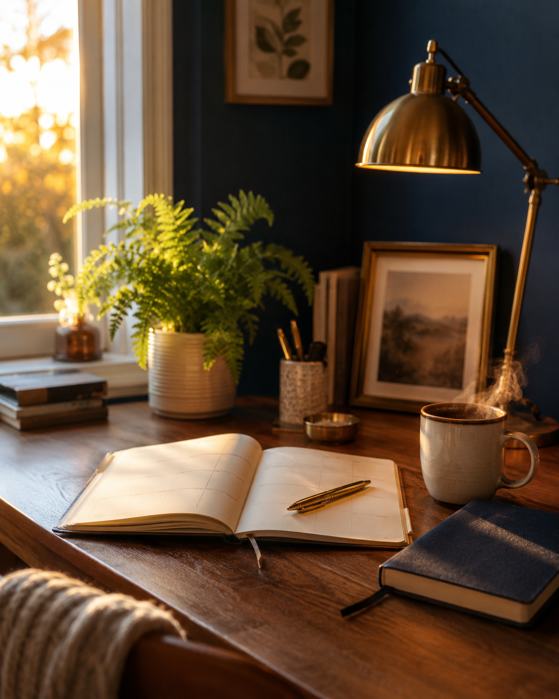 Cozy desk with an open planner, brass lamp, and coffee by a sunlit window