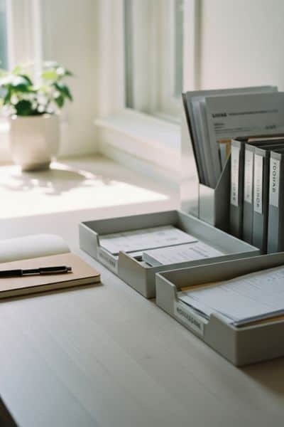 Labeled paper trays and binders holding sorted household documents