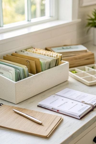 File box of sorted envelopes with an open planner and clipboard