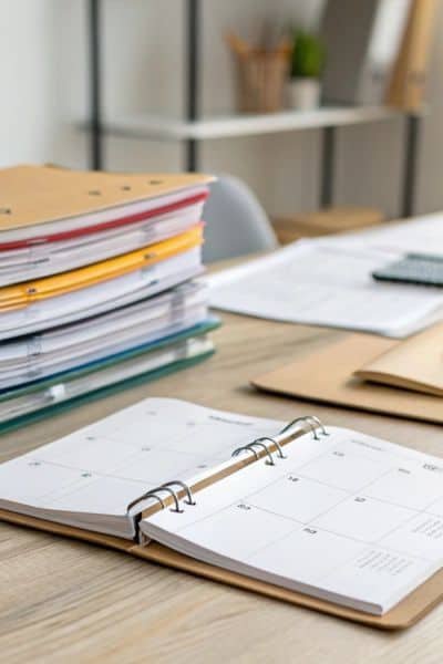 Open planner with a stack of color-coded binders on an office desk