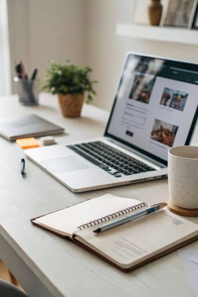 Laptop, open notebook, and coffee on a tidy desk