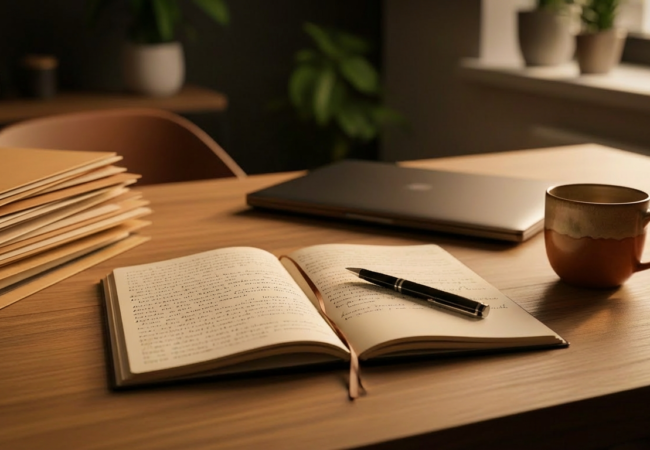 Open journal with pen, stacked folders, and a laptop on a warm wooden desk