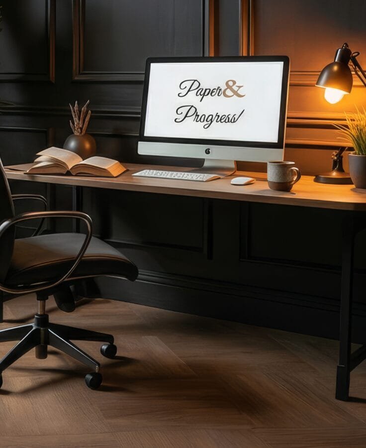 Warm lamp-lit desk with a computer displaying the Paper & Progress logo